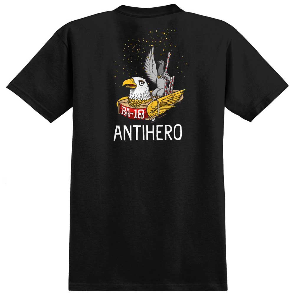 Introducing the Prmprt BA First Black Multicolor Tee from Anti Hero Skateboards—a dynamic t-shirt showcasing a bold eagle graphic with a BA-18 sign in its beak and wings raised high, set against a backdrop featuring a sword-clutching statue. The iconic ANTIHERO name stands out in striking white lettering below the artwork. An essential piece from the Prmprt BA Tee collection, perfect for any fan of authentic Anti Hero style.