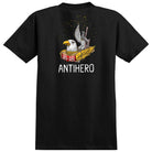 Introducing the Prmprt BA First Black Multicolor Tee from Anti Hero Skateboards—a dynamic t-shirt showcasing a bold eagle graphic with a BA-18 sign in its beak and wings raised high, set against a backdrop featuring a sword-clutching statue. The iconic ANTIHERO name stands out in striking white lettering below the artwork. An essential piece from the Prmprt BA Tee collection, perfect for any fan of authentic Anti Hero style.