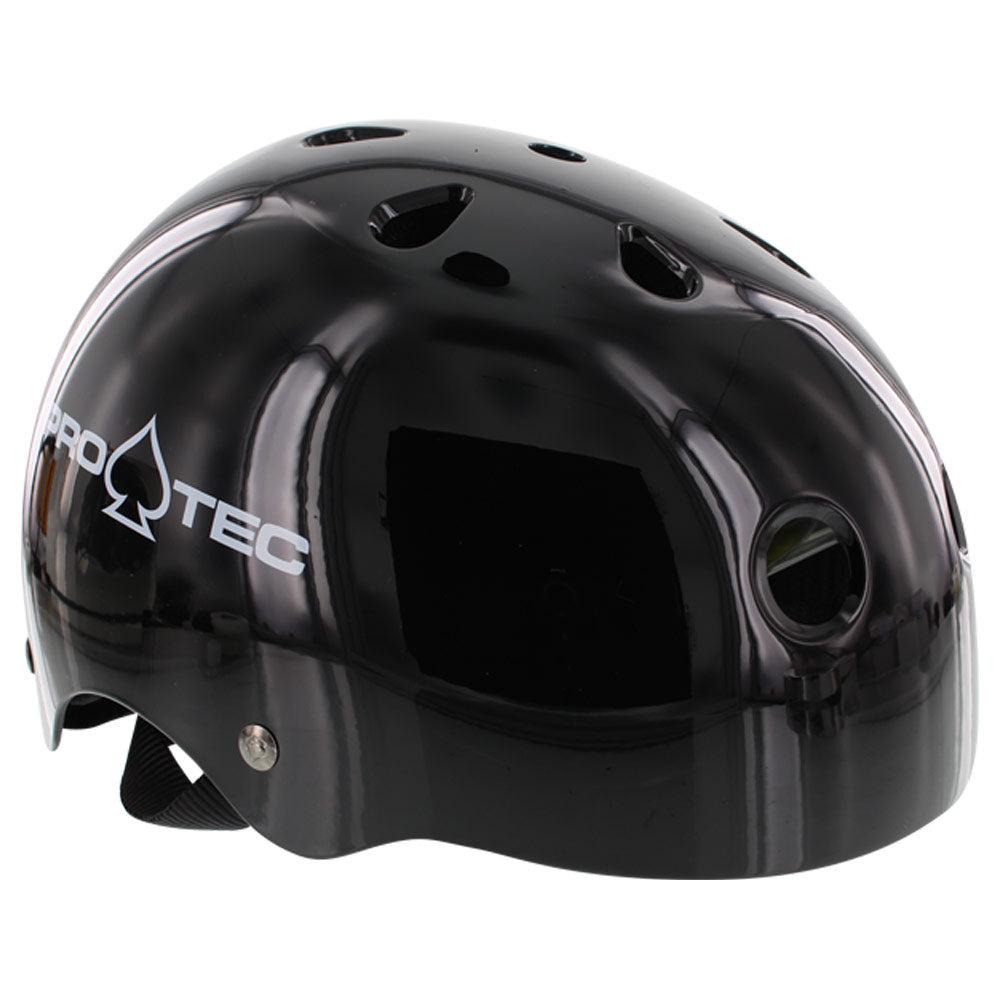The Protec Helmet Classic CPSC Certified Gloss Black, featuring ventilation holes and a chin strap, is shown from the side against a plain white background.