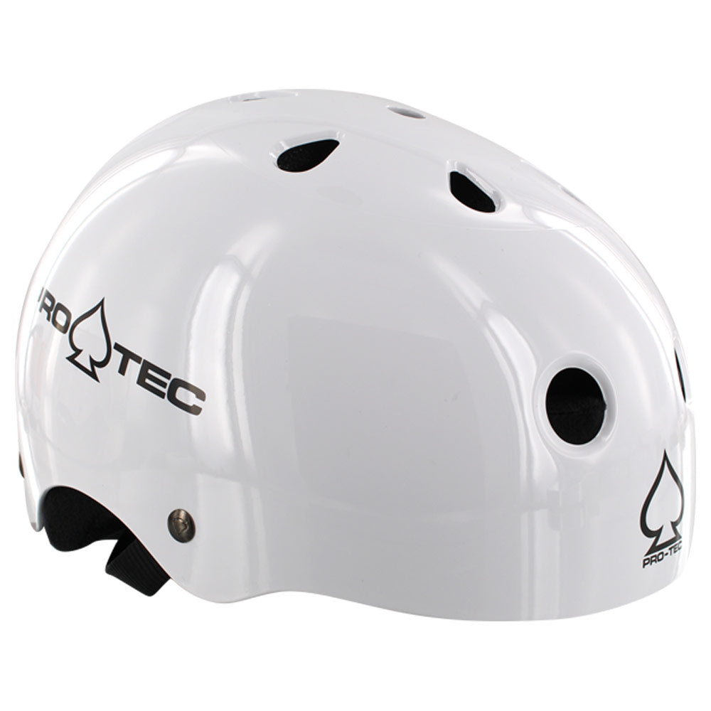 Protec Helmet Classic CPSC Certified in Gloss White featuring multiple ventilation holes, a black adjustable strap, and the Pro-Tec logo with spade symbol on the side and back. This helmet offers a smooth, glossy finish and CPSC certification, making it a classic choice for any skate enthusiast.