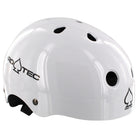 Protec Helmet Classic CPSC Certified in Gloss White featuring multiple ventilation holes, a black adjustable strap, and the Pro-Tec logo with spade symbol on the side and back. This helmet offers a smooth, glossy finish and CPSC certification, making it a classic choice for any skate enthusiast.