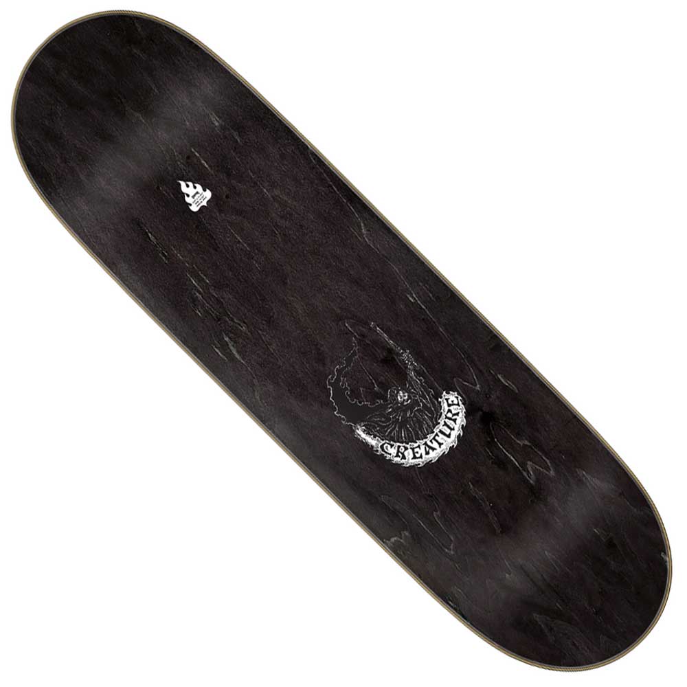 The Provost Creach Us Pro Stumps 8.80in x 31.95in Creature Skateboard Deck is black with a white abstract design and "CREATURE" lettering, featuring minimal graphics concentrated at the center and top for a sleek, understated look.