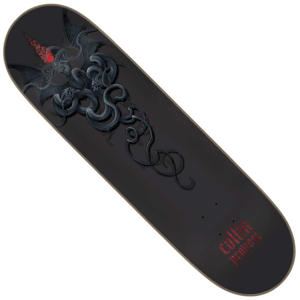 The Provost Guardian Pro Stumps 8.8in x 31.95in Creature Skateboard Deck features a black North American Maple deck with a red-eyed dragon entwined with shadowy serpents and "Collin Provost" in red near the tail.