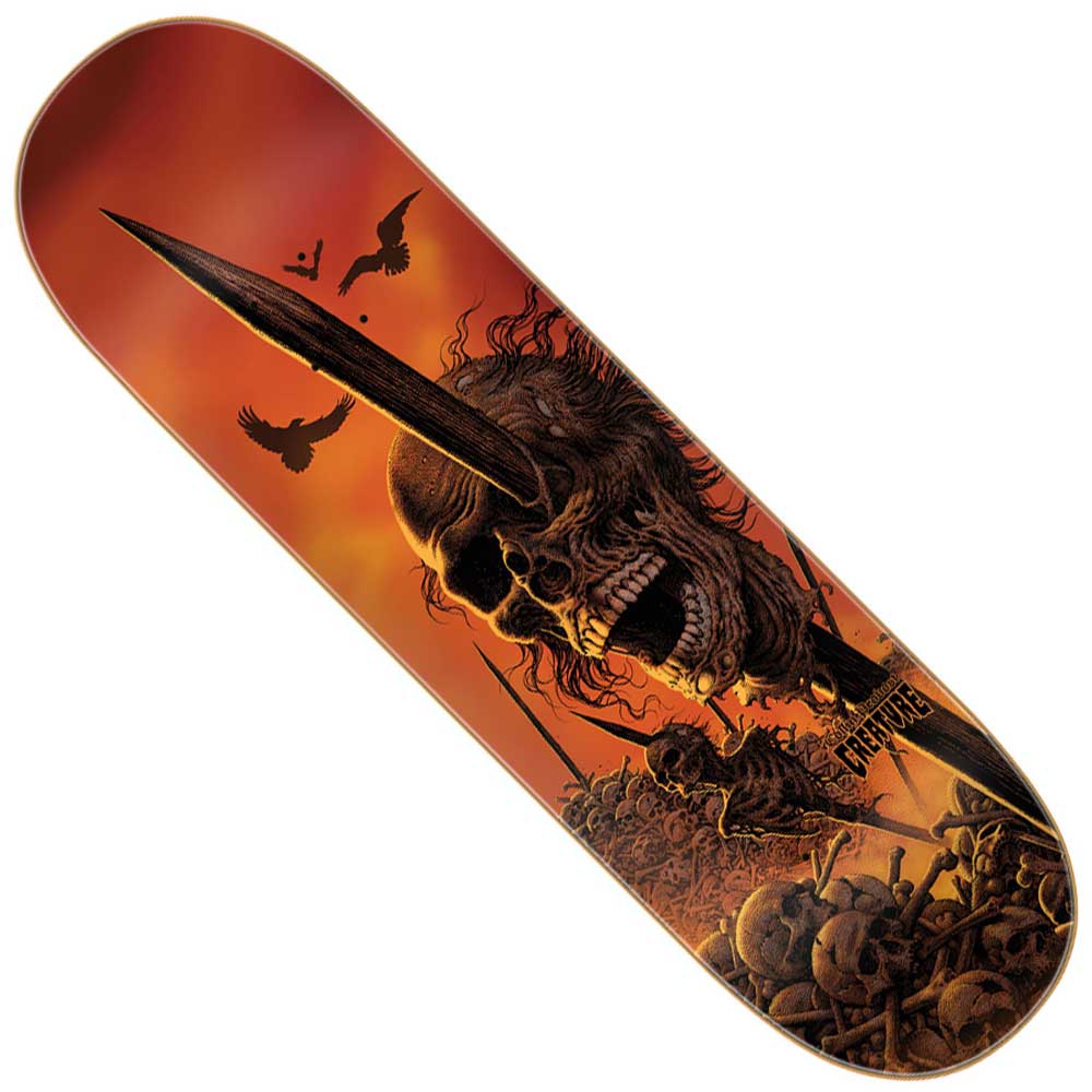 Expertly constructed from durable North American Maple, the Provost Wasted Pro 8.75in x 32.15in Creature Decks boasts striking artwork of a screaming skull impaled on a spear, surrounded by bones and skeletons beneath a fiery orange sky with two soaring birds. Ideal for skateboarders seeking bold aesthetics and reliable performance.