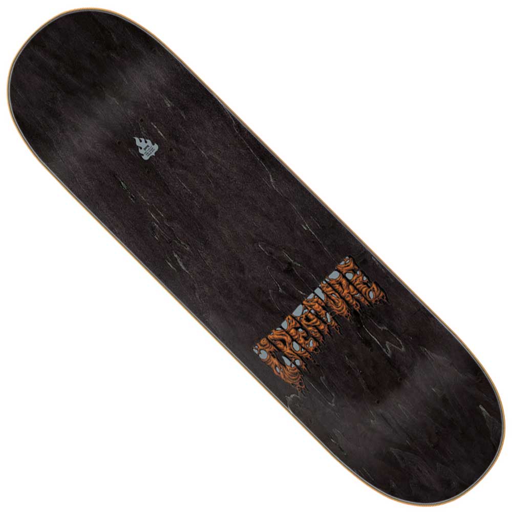 The Provost Wasted Pro 8.75in x 32.15in Creature Decks is a black skateboard deck made from durable North American Maple, featuring a small silver graphic near the top and an orange pattern near the bottom on a wood grain background for added style and performance.