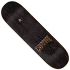 The Provost Wasted Pro 8.75in x 32.15in Creature Decks is a black skateboard deck made from durable North American Maple, featuring a small silver graphic near the top and an orange pattern near the bottom on a wood grain background for added style and performance.