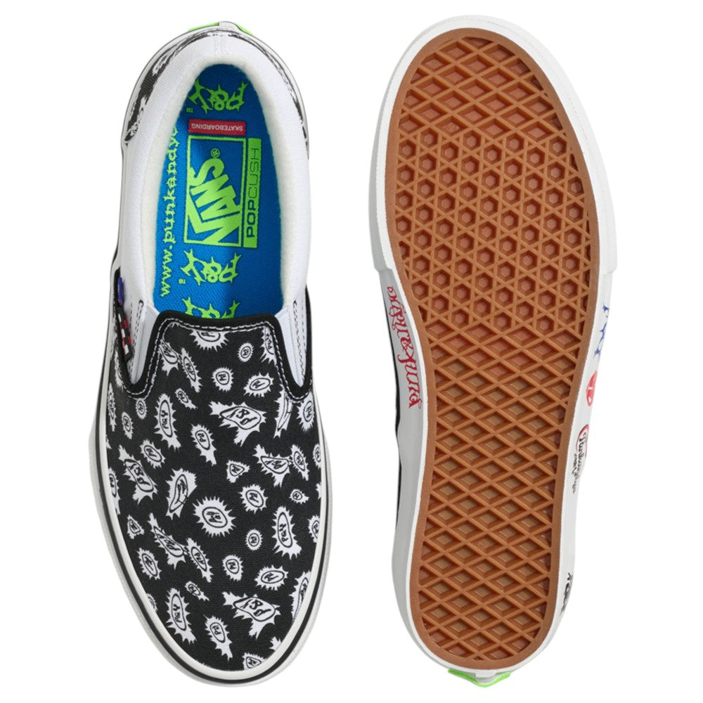 Introducing the Punk and Yo x Vans Skate Slip On VN000EKPY281 Canvas Shoes: this collaborative pair features black canvas uppers adorned with white eye graphics, a blue insole with green text detailing, classic waffle-patterned brown soles, and signature Vans branding. Designed with graphic elements unique to the PUNKANDYO collaboration, these slip-ons are an ideal choice for skateboarding streetwear enthusiasts.