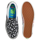 Introducing the Punk and Yo x Vans Skate Slip On VN000EKPY281 Canvas Shoes: this collaborative pair features black canvas uppers adorned with white eye graphics, a blue insole with green text detailing, classic waffle-patterned brown soles, and signature Vans branding. Designed with graphic elements unique to the PUNKANDYO collaboration, these slip-ons are an ideal choice for skateboarding streetwear enthusiasts.