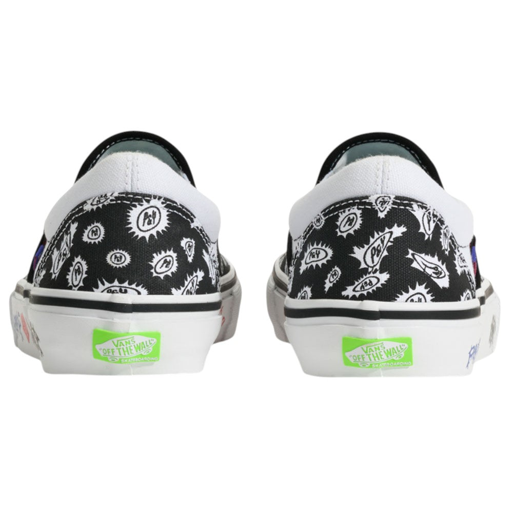Back view of the Punk and Yo x Vans Skate Slip On VN000EKPY281 Canvas Shoes in black and white, featuring abstract doodle patterns and neon green Vans Off The Wall logos on the heels—a bold choice for skateboarding streetwear enthusiasts.