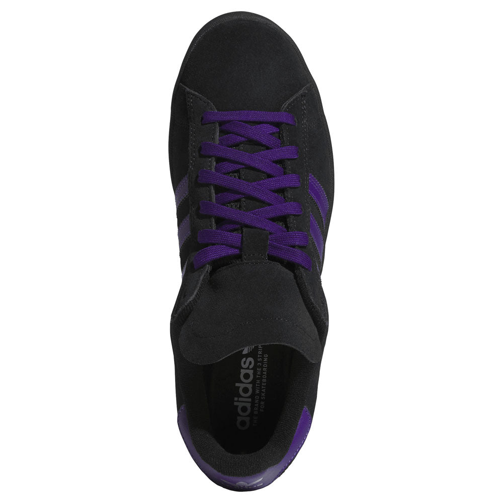 Purple Black KK0247 Campus ADV Adidas Skateboarding Suede Leather Shoes with purple stripes and matching laces, viewed from above. The adidas logo is visible on the insole near the heel, emphasizing their iconic skateboarding shoe design.
