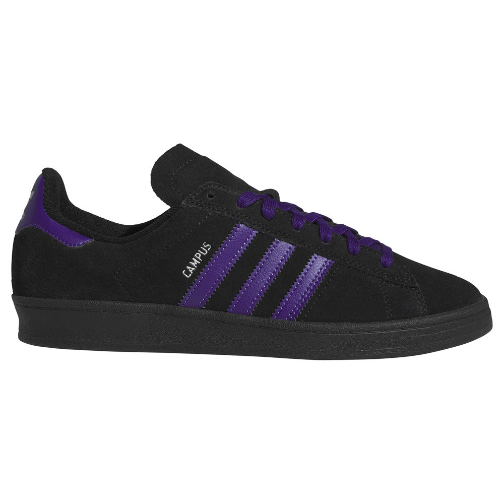 The Purple Black KK0247 Campus ADV Adidas Skateboarding Suede Leather Shoes feature a black suede upper with purple stripes and detailing, shown in a side profile view against a white background, blending classic skate shoe style with modern performance.