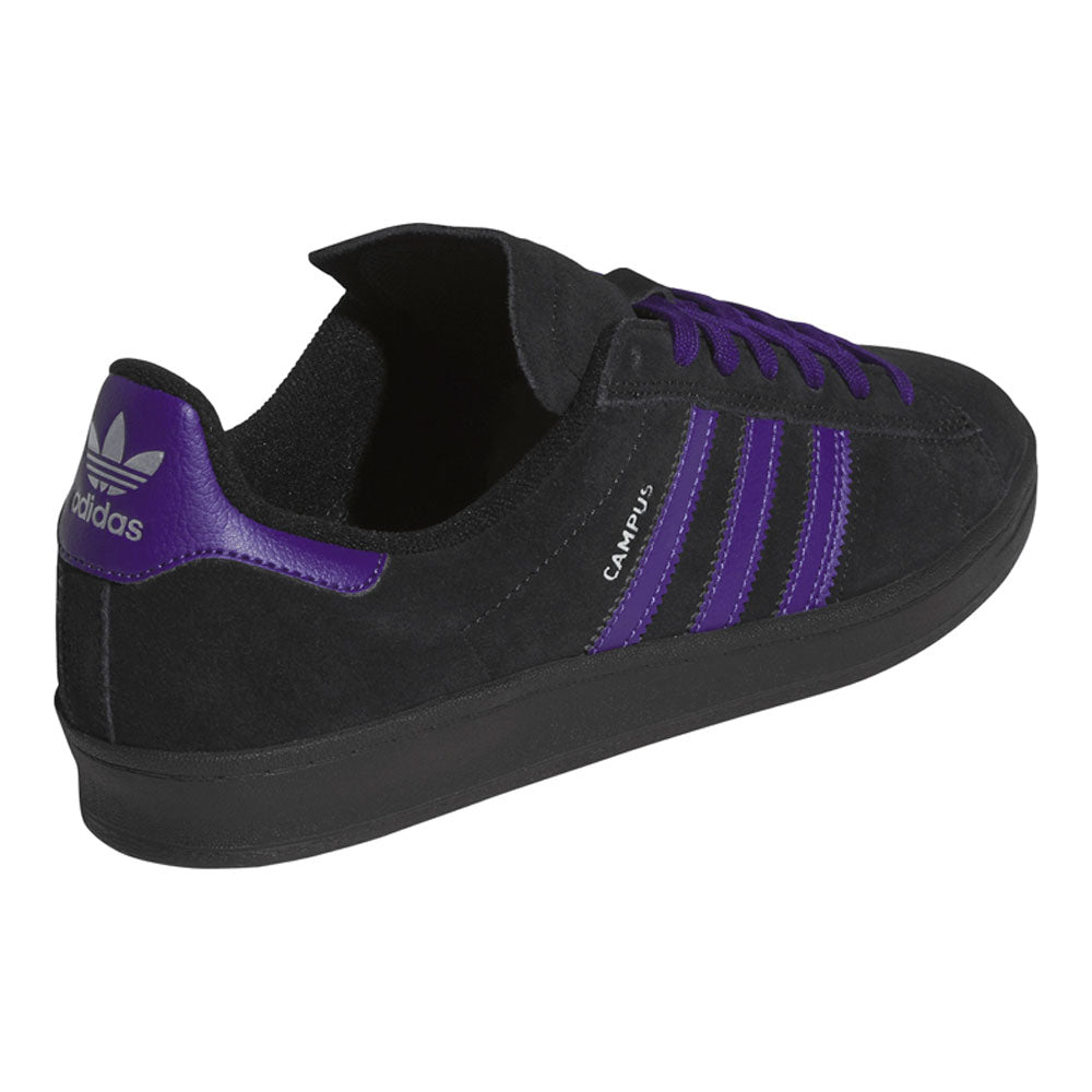 The Purple Black KK0247 Campus ADV Adidas Skateboarding Suede Leather Shoes are showcased on a white background, featuring purple stripes, a purple heel tab with the Adidas logo, and matching purple laces. These sleek shoes combine style and performance for skateboarding and everyday wear.