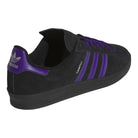 The Purple Black KK0247 Campus ADV Adidas Skateboarding Suede Leather Shoes are showcased on a white background, featuring purple stripes, a purple heel tab with the Adidas logo, and matching purple laces. These sleek shoes combine style and performance for skateboarding and everyday wear.