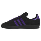 The Purple Black KK0247 Campus ADV Adidas Skateboarding Suede Leather Shoe features black suede with purple laces, purple stripes along the sides, and a purple heel accent. Inspired by the iconic adidas Campus ADV design, this sneaker blends classic style with modern detailing and is shown from the side on a white background.