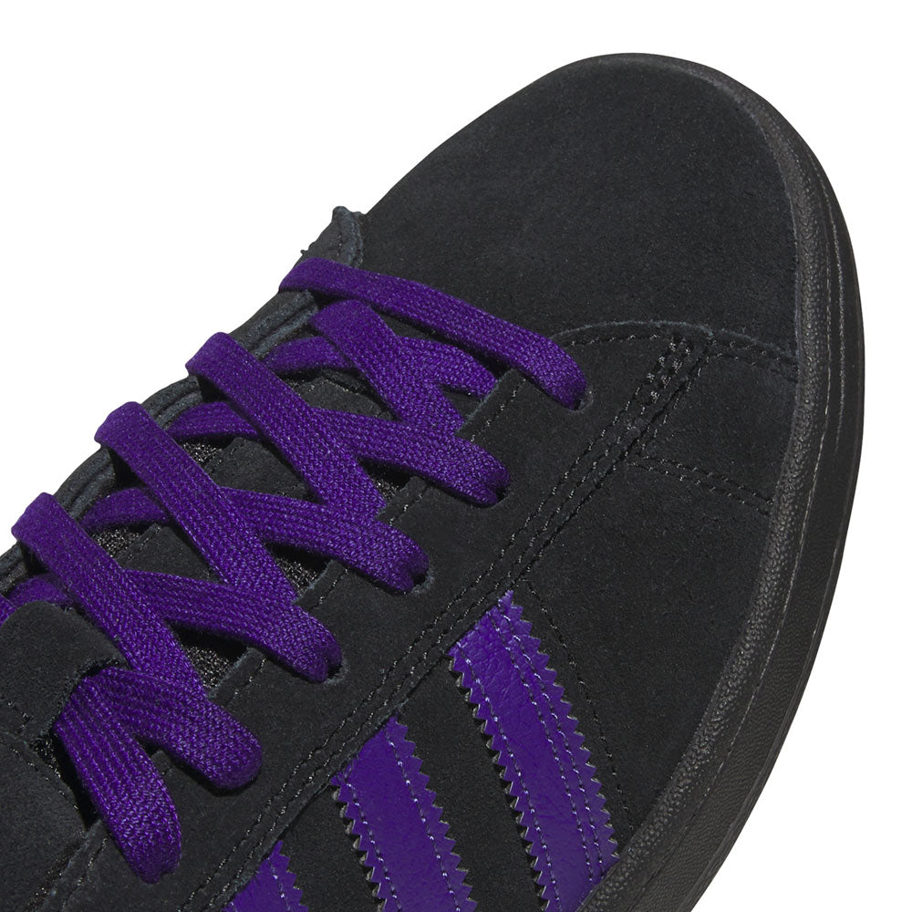 Close-up of the Purple Black KK0247 Campus ADV Adidas Skateboarding Suede Leather Shoes, featuring black suede, purple laces, and purple-striped detailing on the side, inspired by classic adidas skate shoes and photographed against a white background.