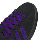 Close-up of the Purple Black KK0247 Campus ADV Adidas Skateboarding Suede Leather Shoes, featuring black suede, purple laces, and purple-striped detailing on the side, inspired by classic adidas skate shoes and photographed against a white background.