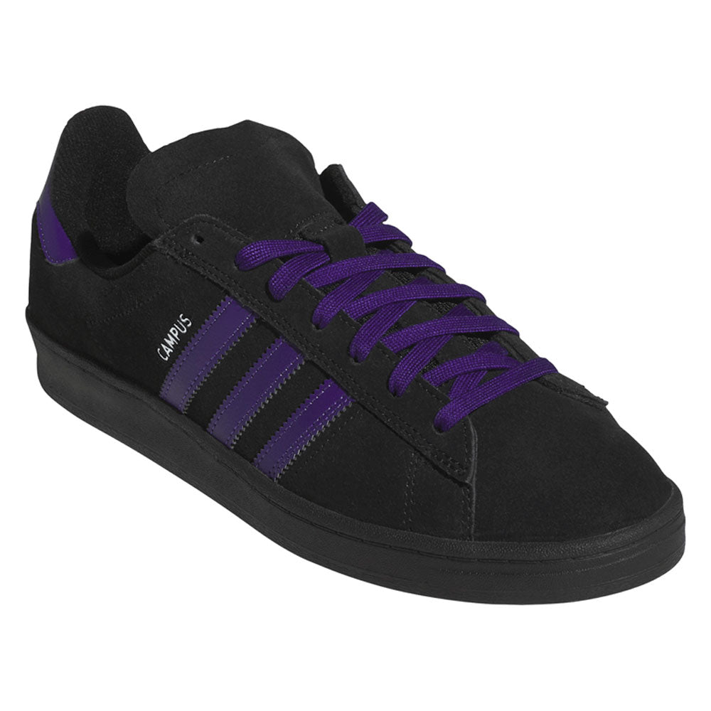 The Purple Black KK0247 Campus ADV Adidas Skateboarding Suede Leather Shoes feature a stylish black suede design with bold purple stripes and matching purple laces, complemented by a durable black sole. The iconic CAMPUS branding is printed in white near the laces, showcasing the signature adidas aesthetic.