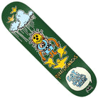 The Quartersnacks 8.25x31.9 Krooked Skateboard Deck features green cartoon graphics of a stitched doll, birds, a rainy cloud, and speech bubbles with “QUARTERSNACKS” and “GET HIGH, DO BIG OLLIES.”.