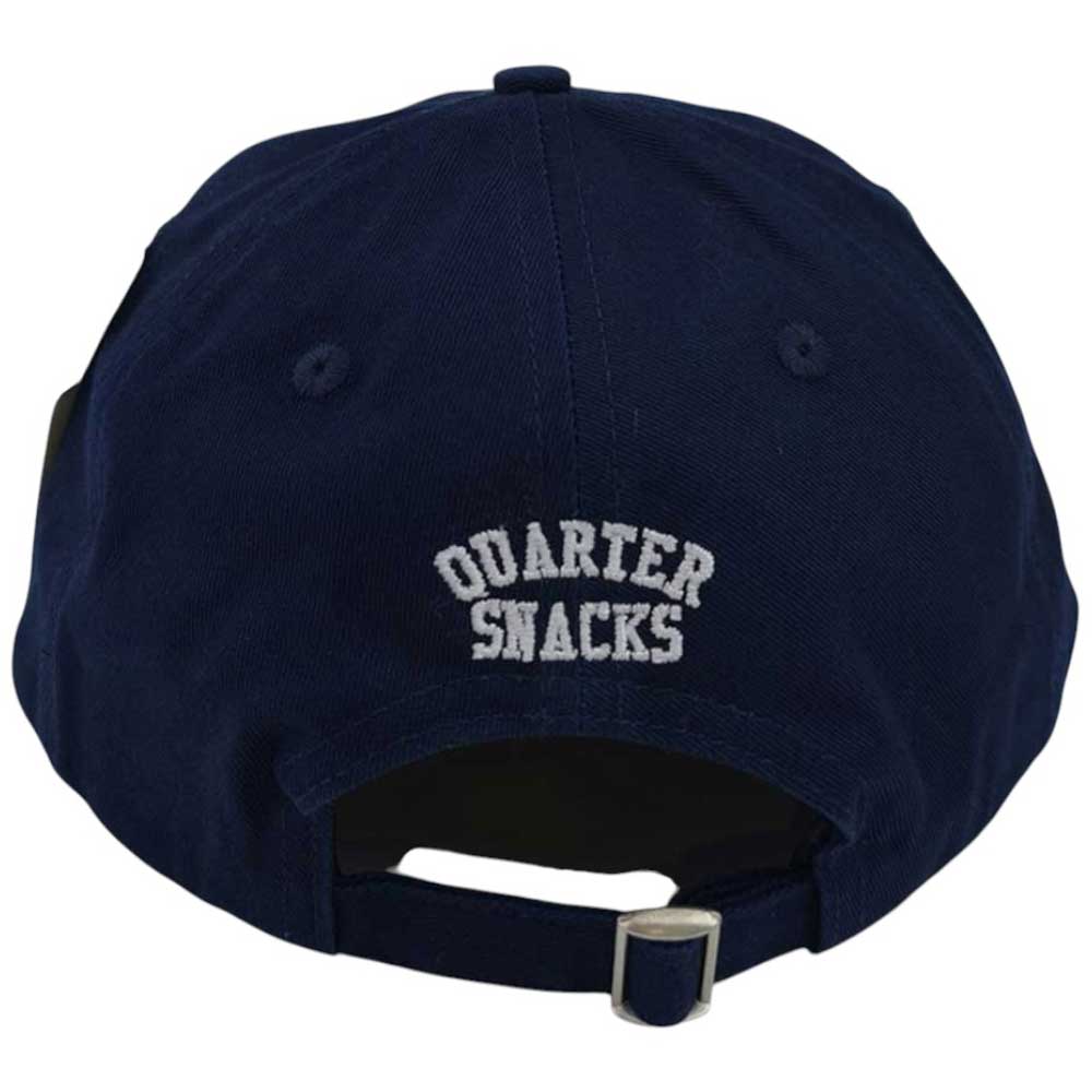 A Quartersnacks Hat Noseslides Navy shown from the back with "QUARTER SNACKS" embroidered in white above the adjustable strap.