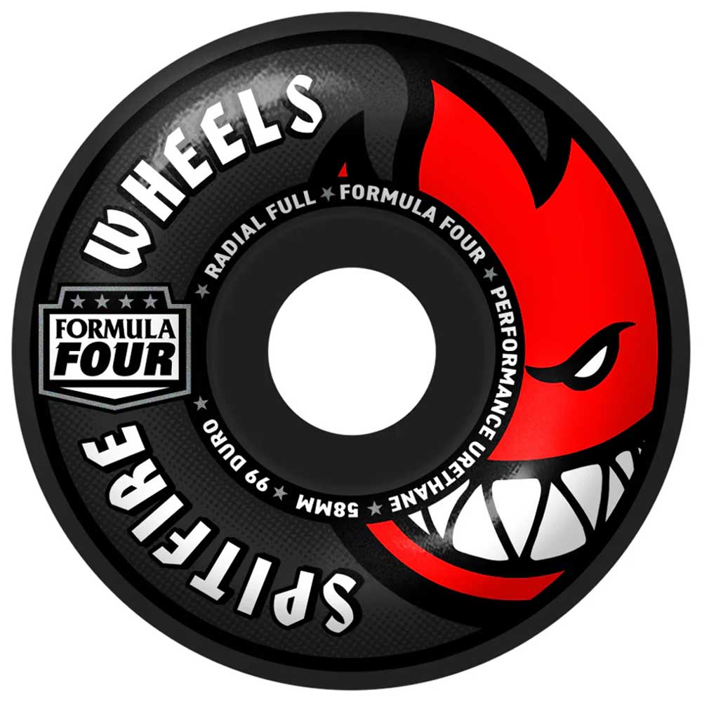 The Radial Full Black 58mm99A Formula Four Spitfire Wheels feature a red, stylized flame face with a sinister grin and sharp teeth on one side.