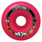The Radial Pink 54mm93A Formula Four Spitfire Wheels feature black and orange flames, "54mm93A" on the left, a cartoon flame head on the right, and Formula Four’s "93" with wings at the bottom.