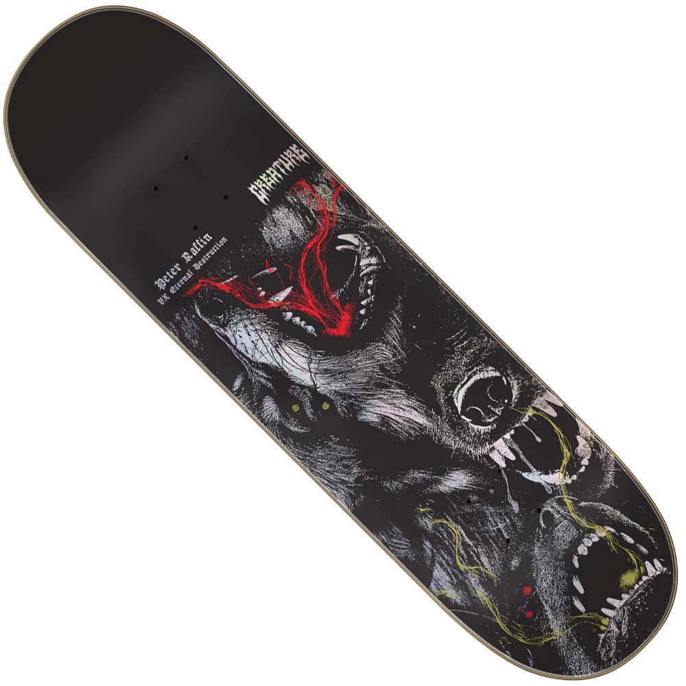 The Raffin Mortem VX Deck 8.6in x 32.11in by Creature features dark, abstract art with snarling animal faces, red and yellow accents, scratchy textures, and "Peter Raffin" & "Me, Myself & I" in white—plus all terrain concave.