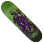 The Raffin Reaper Pro Stumps 8.60in x 31.95in Creature Decks is a green skateboard deck made from durable 7-ply North American Maple, featuring a skeleton Grim Reaper in a purple cloak holding a bloody scythe, with “Peter Raffin Creature” printed near the bottom in green letters.