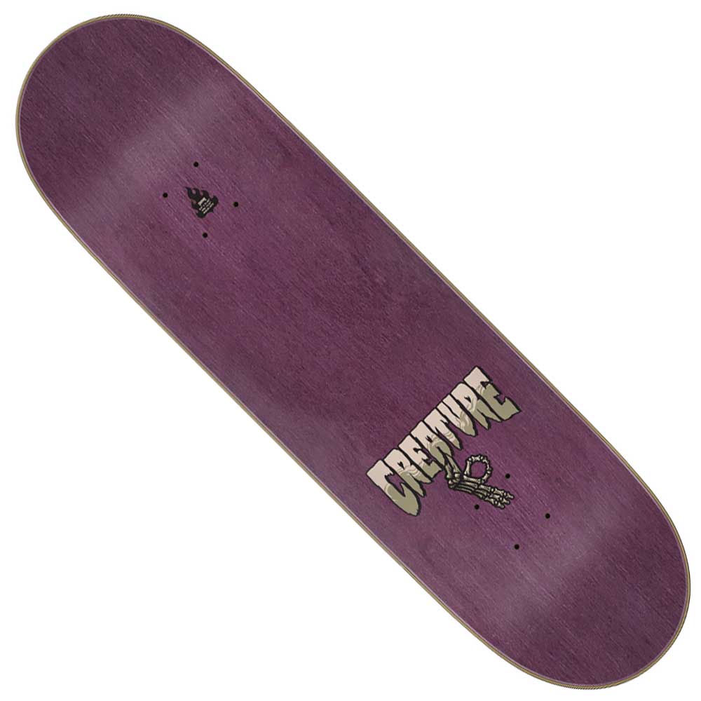 The Raffin Reaper Pro Stumps 8.60in x 31.95in Creature Decks showcases a bold purple design crafted from 7 ply North American Maple, with the word CREATURE and a skeletal hand graphic printed in white near one end.