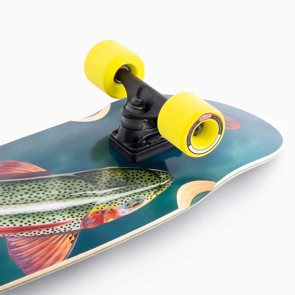 A close-up of the Raft Trout Landyachtz Complete Skateboard with extra wide deck, bright yellow wheels, and a vibrant fish graphic—ideal for urban cruising—set against a white background.