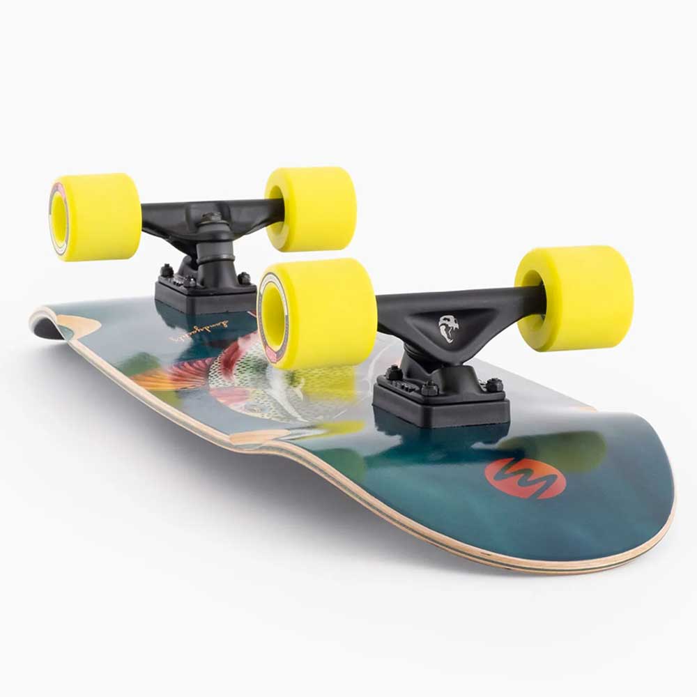 The Raft Trout Landyachtz Complete Skateboard features bright yellow wheels, black trucks, and a colorful graphic deck on white—a wide cruiser perfect for urban skateboarding.
