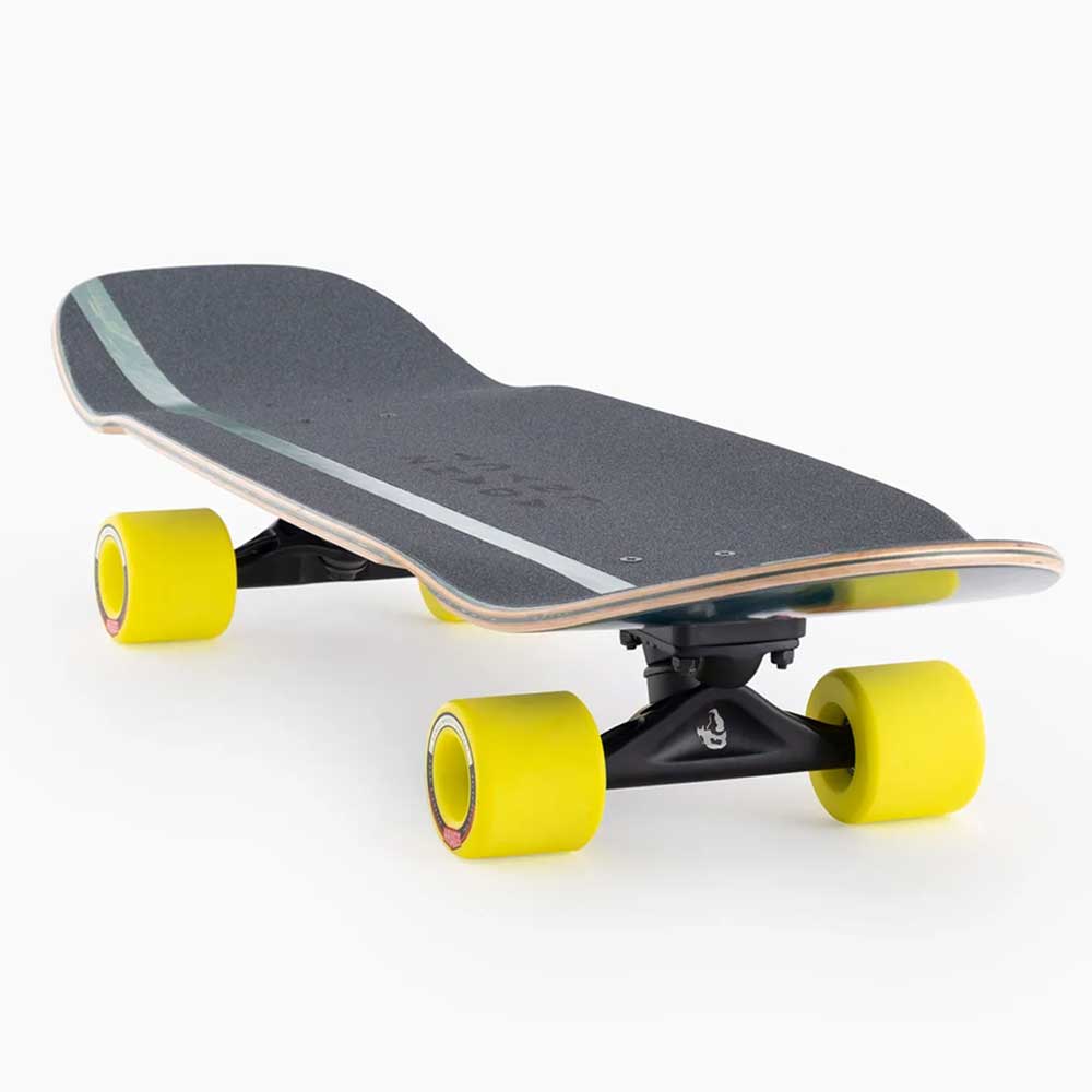 The Raft Trout Landyachtz Complete Skateboard is a modern wide cruiser featuring a black grip tape deck with a single white stripe, bright yellow wheels, and black trucks—ideal for urban skateboarding. Shown on a white background.
