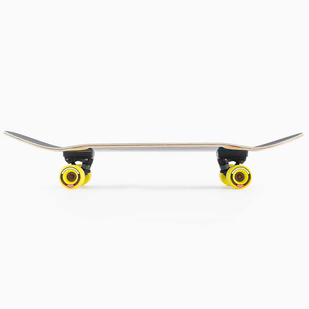 The Raft Trout Landyachtz Complete Skateboard features an extra wide deck with black trucks and bright yellow wheels, shown in side profile against a white background—ideal for urban cruising.
