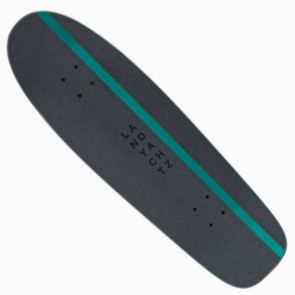 The Raft Trout Landyachtz Complete Skateboard features a black traditional deck with a teal center stripe and "AD4IN J2YUT" in black letters, plus truck mounting holes at both ends—perfect for urban skateboarding.