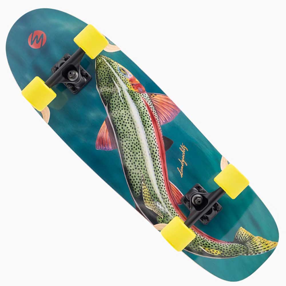 The Raft Trout Landyachtz Complete Skateboard features a wide cruiser deck with bright yellow wheels and a vibrant trout illustration on a blue background—ideal for urban skateboarding.