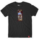 The Ramblin Man Black Tee by Chocolate Skateboards features two vintage-style photos of a man in a hat and blue shirt, sitting indoors—sideways above, forward below—inspired by the brand’s timeless style.