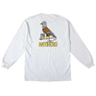 The Raney First White Multicolor Longsleeve Tee by Anti Hero Skateboards features a graphic of a pigeon standing on cans above the word ANTIHERO in yellow on the back, channeling the brand's iconic style.