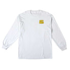 The Raney First White Multicolor Longsleeve Tee from Anti Hero Skateboards features bold yellow "ANTI HERO" lettering on the upper left chest, ribbed cuffs, and is presented laid flat against a crisp white background.