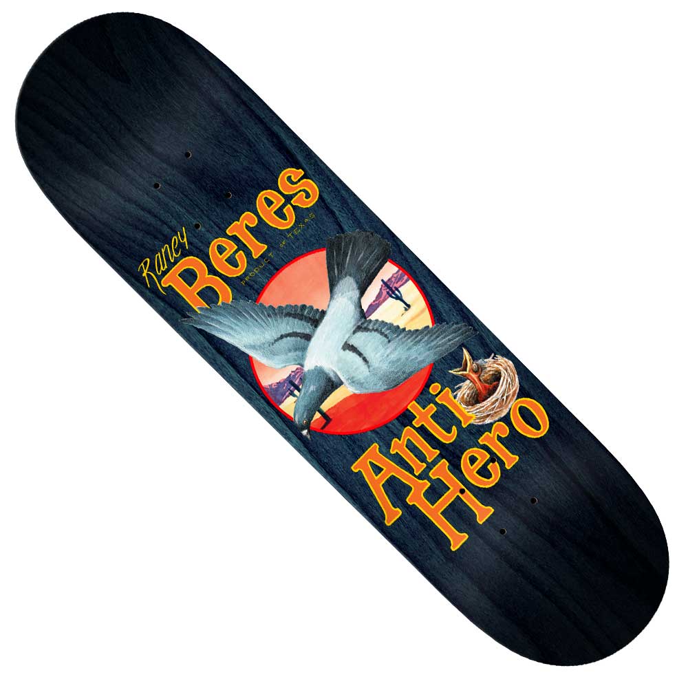The Raney Homers 9.02 Anti Hero Skateboards Deck features a dark wood background with a large bird in flight, red sun, and bold yellow “Raney Beres Anti Hero” text from the Anti Hero Skateboards collection.