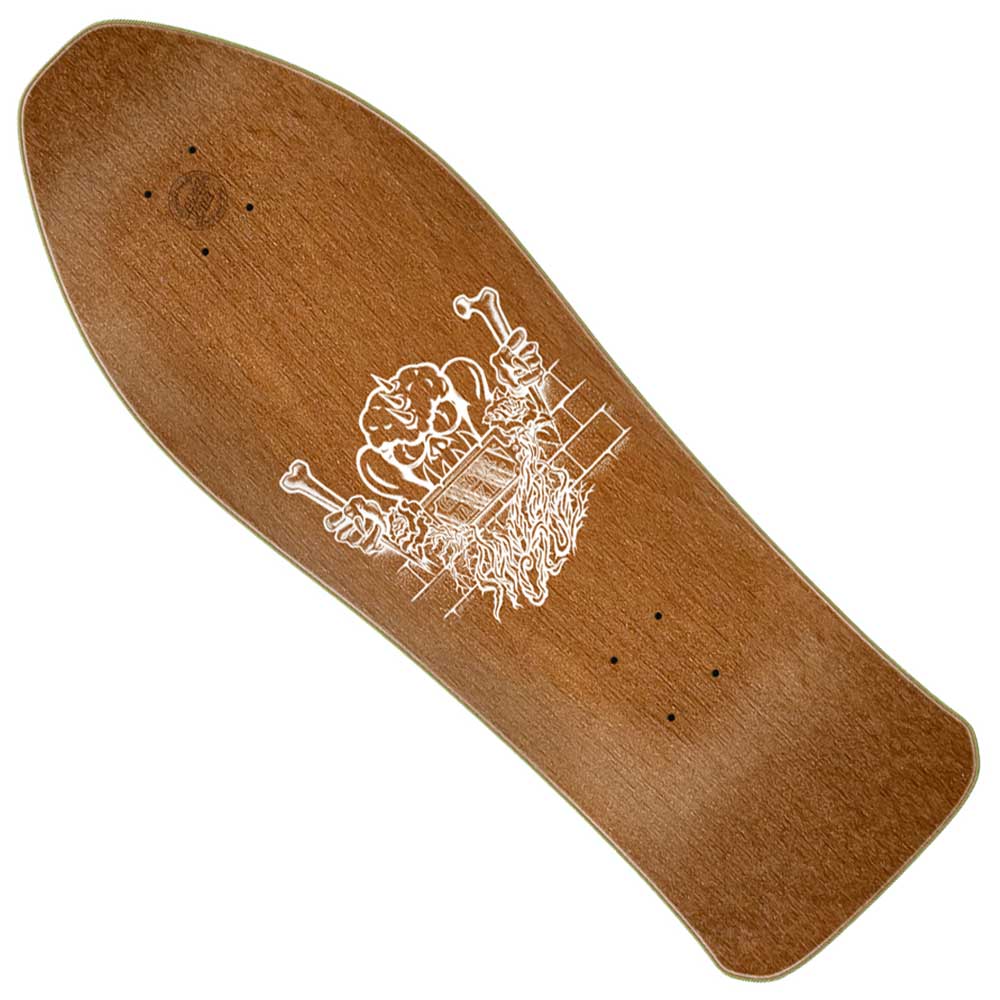The Rankine Monster Reissue 10.39in x 30.46in Santa Cruz Deck features a brown skateboard deck with a white outline graphic of a skull holding two bones, emerging from bricks with flames below and “RAT” text in the center. Designed with the Cruz Missile II concave, this deck also includes four holes for mounting trucks.
