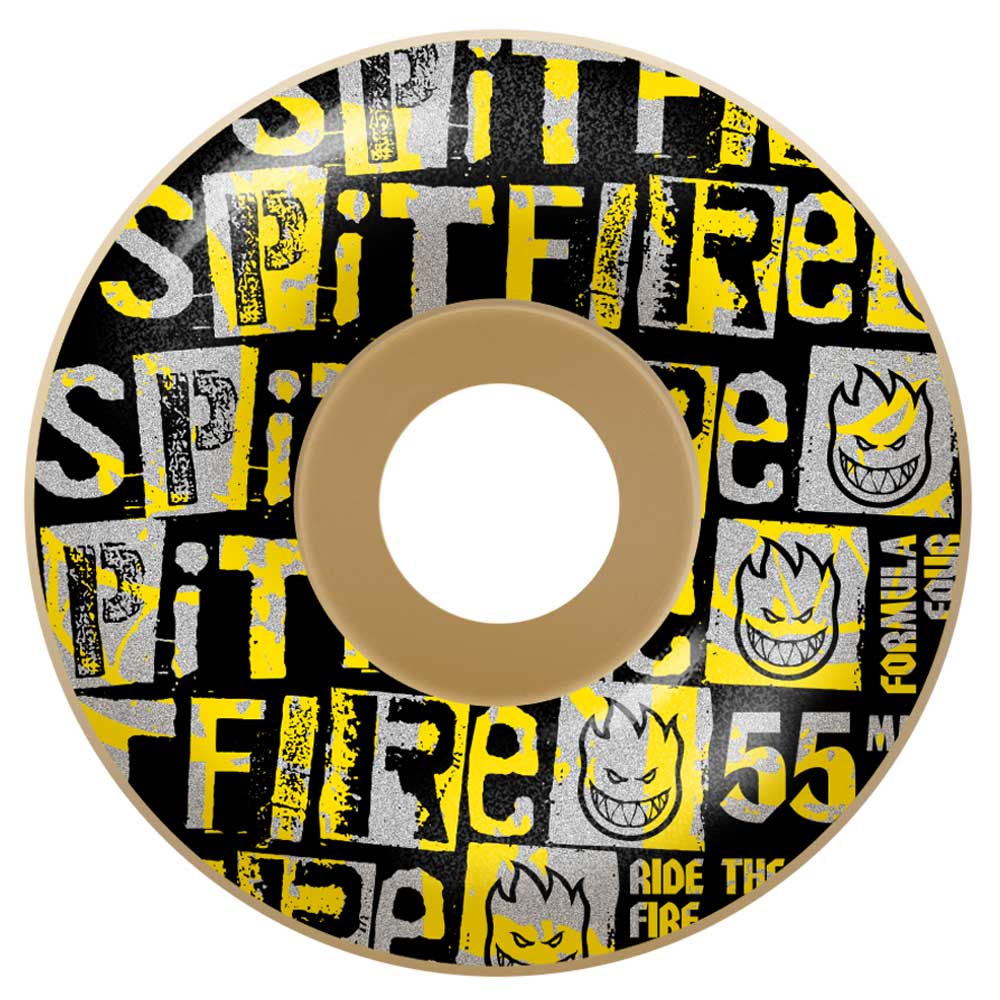 The Ransom F4 Radial 55mm99A Spitfire Wheel features a black, yellow, and silver graphic with SPITFIRE, RIDE THE FIRE text, flame head logos, and Formula Four branding on the right side.