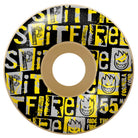 The Ransom F4 Radial 55mm99A Spitfire Wheel features a black, yellow, and silver graphic with SPITFIRE, RIDE THE FIRE text, flame head logos, and Formula Four branding on the right side.