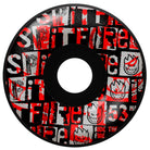 The Ransom F4 Radial Black 53mm99A Spitfire Wheels feature bold graffiti-style red, white, and gray graphics with SPITFIRE lettering, grinning flame logos, and FORMULA FOUR branding.