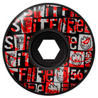 The Ransom Radial Full 56mm 80HD Black Spitfire Wheels feature a bold graffiti-style design in red, white, and gray with scattered text, cartoon flaming head logos, and the number 56 along with the word FIRE.