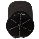 Top view of the Razor Arch Strip Hat Shadow Snapback Unstructured OS by Independent Skateboards in black, with SANTA CRUZ printed in white repeatedly along the inner seams.
