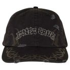 A black unstructured snapback hat with distressed details and tribal patterns, featuring "Razor Arch Strip" design—perfect for street style or Independent Skateboards fans.