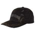 A black unstructured snapback hat from Independent Skateboards, featuring distressed details, a tribal brim pattern, and the "Razor Arch Strip" embroidered logo on the front. One size, unisex.