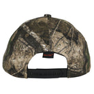 Back view of the Real Tree APX Hat Span Logo Structured Snapback Unisex Independent shows a camouflage baseball cap in the Real Tree APX pattern, featuring an adjustable black snapback strap and a small REALTREE tag above the opening.