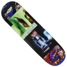 The Realms 8.5x31.8 Quasi Skateboards Deck Multicolor features a collage of abstract and surreal images, including jagged rocks, stone structures, bold green and blue blocks, metallic textures, and a close-up spiral seashell.