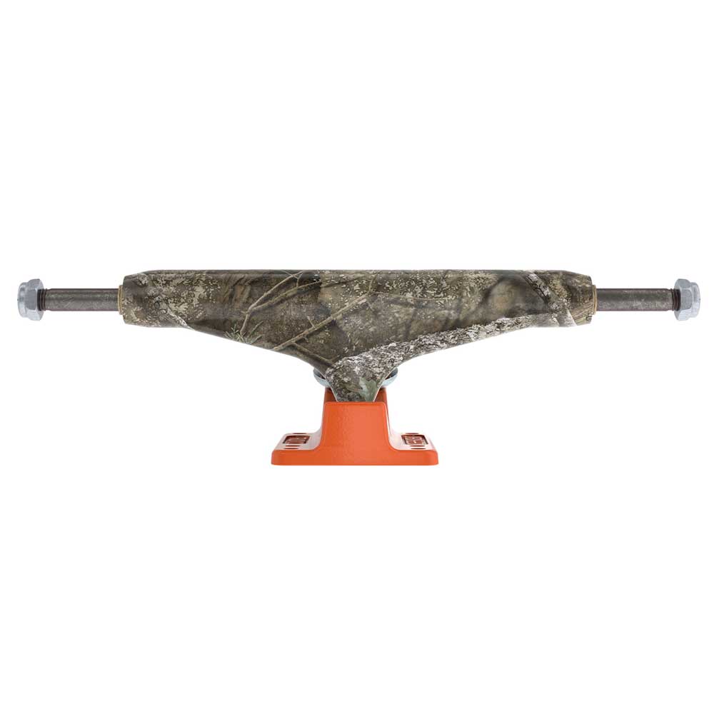 A set of TWO Realtree APX INDY 144 Standard Stage 11 Skate Trucks, each featuring a camouflage-patterned hanger and an orange baseplate, shown from the front on a white background.