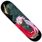 The Red Shift Tate Carew 8.47x32 Birdhouse Deck showcases anime-style art of a small figure with long purple hair in a green outfit on a red hand, with a dark armored figure above—ideal for Lizzie Armanto and skateboarding fans.